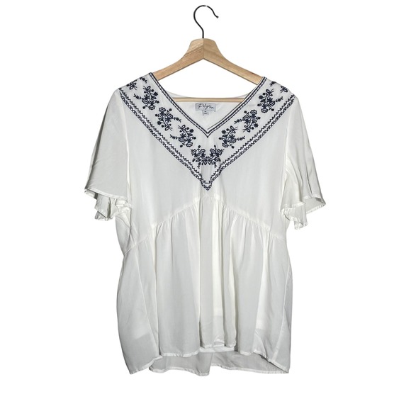 Polagram White Embroidered V Neck Peasant Blouse Top Womens Medium - Picture 1 of 7